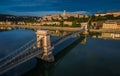 Budapest, Hungary - Aerial panoramic view of Szechenyi Chain Bridge with Buda Castle Royal Palace Royalty Free Stock Photo