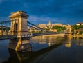 Budapest, Hungary - Aerial panoramic view of Szechenyi Chain Bridge with Buda Castle Royal Palace Royalty Free Stock Photo