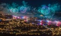 Budapest, Hungary - Aerial panoramic view of the 20th August 2019 State Foundation Day fireworks with illuminated Buda Castle Royalty Free Stock Photo
