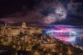 Budapest, Hungary - Aerial panoramic view of the 20th August 2019 State Foundation Day fireworks with illuminated Buda Castle Royalty Free Stock Photo