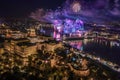 Budapest, Hungary - Aerial panoramic view of the 20th August 2019 state foundation fireworks with illuminated Buda Castle Royalty Free Stock Photo