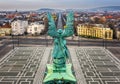 Budapest, Hungary - Aerial panormaic view of the famous Heroes` Square and Andrassy street on a cloudy spring day