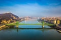 Budapest, Hungary - Aerial skyline view of beautiful Liberty Bridge Szabadsag Hid on a sunny morning