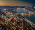 Budapest, Hungary - Aerial skyline view of Budapest at dusk taken with a drone. This view includes Buda Castle Royal Palace Royalty Free Stock Photo