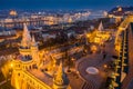 Budapest, Hungary - Aerial skyline view of Budapest with illuminated Fisherman`s Bastion, Szechenyi Chain Bridge Royalty Free Stock Photo