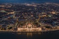 Budapest, Hungary - Aerial skyline view of Budapest by night. This view includes the illuminated Hungarian Parliament building Royalty Free Stock Photo