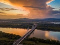 Budapest, Hungary - Aerial skyline view of Budapest with Megyeri Bridge over River Danube at sunset Royalty Free Stock Photo