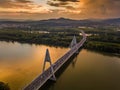 Budapest, Hungary - Aerial skyline view of Budapest with Megyeri Bridge over River Danube at sunset