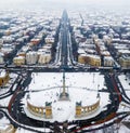 Budapest, Hungary - Aerial skyline view of snowy Budapest with Heroes ` Square, Andrassy street at winter time Royalty Free Stock Photo