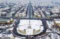 Budapest, Hungary - Aerial skyline view of snowy Budapest with Heroes` Square, Andrassy street Royalty Free Stock Photo