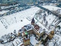 Budapest, Hungary - Aerial skyline view of snowy Vajdahunyad Castle with City Park Ice Rink
