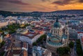 Budapest, Hungary - Aerial skyline view of Budapest at sunset with St.Stephen`s Basilica. Buda Castle and ferris wheel