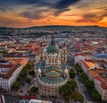 Budapest, Hungary - Aerial skyline view of Budapest at sunset with St.Stephen`s Basilica. Buda Castle Royal Palace Royalty Free Stock Photo