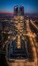 Budapest, Hungary - Aerial vertical panoramic view of Budapest\'s new, illuminated skyscraper at Kopaszi-gat