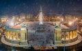 Budapest, Hungary - Aerial view of angel sculpture at Heroes` Square Hosok tere with Christmas decorated Andrassy street