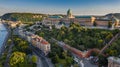 Budapest, Hungary - Aerial view of the beautiful Buda Castle Royal Palace with Hungarian Citadel at background at summer time Royalty Free Stock Photo