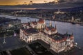 Budapest, Hungary - Aerial view of the beautiful illuminated Parliament of Hungary at dusk with Szechenyi Chain Bridge Royalty Free Stock Photo