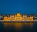 Budapest, Hungary - Aerial view of the beautiful illuminated Parliament of Hungary Orszaghaz Royalty Free Stock Photo