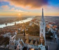 Budapest, Hungary - Aerial view of the beautiful Matthias Church at Buda District with Fisherman`s Bastion, Szechenyi Chain Bridge Royalty Free Stock Photo