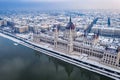 Budapest, Hungary - Aerial view of the beautiful snowy Parliament of Hungary and skyline of Pest