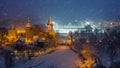 Budapest, Hungary - Aerial view of the beautiful snowy Vajdahunyad Castle at blue hour with Christmas market Royalty Free Stock Photo