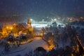 Budapest, Hungary - Aerial view of the beautiful snowy Vajdahunyad Castle in City Park at blue hour with Christmas market Royalty Free Stock Photo