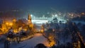 Budapest, Hungary - Aerial view of the beautiful snowy Vajdahunyad Castle in City Park at blue hour