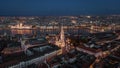 Budapest, Hungary - Aerial view of Buda Castle district at night with illuminated Matthias Church and Fisherman`s Bastion Royalty Free Stock Photo