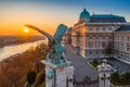 Budapest, Hungary - Aerial view of Buda Castle Royal Palace at autumn sunrise. Elisabeth Bridge, River Danube at background Royalty Free Stock Photo