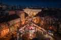 Budapest, Hungary - Aerial view of the Christmas market and carousel on Szentlelek square, Obuda at dusk