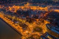 Budapest, Hungary - Aerial view of Clark Adam Square with illuminated Buda Castle Royal Palace and Buda Tunnel at blue hour Royalty Free Stock Photo