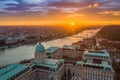 Budapest, Hungary - Aerial view of the dome of Buda Castle Royal palace at sunrise with Liberty Bridge, Elisabeth Bridge Royalty Free Stock Photo