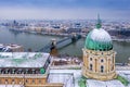 Budapest, Hungary - Aerial view of the dome of the snowy Buda Castle Royal Palace from above with the Szechenyi Chain Bridge