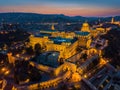 Budapest, Hungary - Aerial view of the famous Buda Castle Royal Palace at blue hour with beautiful colorful sky Royalty Free Stock Photo