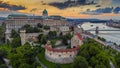 Budapest, Hungary - Aerial view of the famous Buda Castle Royal Palace with Szechenyi Chain Bridge and Hungarian Parliament Royalty Free Stock Photo