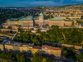 Budapest, Hungary - Aerial view of the famous Buda Castle Royal palace and Varkert bazaar at sunrise