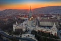 Budapest, Hungary - Aerial view of the famous Fisherman`s Bastion Halaszbastya and Matthias Chruch at sunset Royalty Free Stock Photo