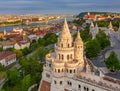 Budapest, Hungary - Aerial view of the famous Fisherman`s Bastion at sunset with Szechenyi Chain Bridge, Elisabeth Bridge Royalty Free Stock Photo