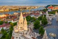 Budapest, Hungary - Aerial view of the famous Fisherman`s Bastion at sunset with Szechenyi Chain Bridge, St.Stephen`s Basilica Royalty Free Stock Photo