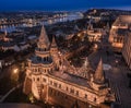 Budapest, Hungary - Aerial view of the famous illuminated Fisherman`s Bastion with Szechenyi Chain Bridge and Buda Castle