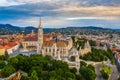 Budapest, Hungary - Aerial view of the famous Matthias Church and Fisherman`s Bastion on a sunny summer morning Royalty Free Stock Photo