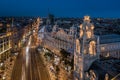 Budapest, Hungary - Aerial view of Ferenciek tere Square of the Franciscans at dusk with illuminated Matild Palace