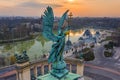 Budapest, Hungary - Aerial view of Gabriel Archangel at Heroes` Square during the 2020 Coronavirus quarantine in the morning Royalty Free Stock Photo
