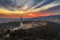 Budapest, Hungary - Aerial view of Gellert Hill, Citadel and Statue of Liberty with a fantastic colorful sunset