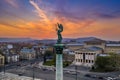 Budapest, Hungary - Aerial view of Heroes` Square with museum of fine arts and a beautiful golden sunset