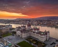 Budapest, Hungary - Aerial view of the Hungarian Parliament building on a winter afternoon with a spectacular colorful sunset