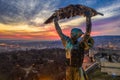 Budapest, Hungary - Aerial view of the Hungarian Statue of Liberty with amazing colorful sunset Royalty Free Stock Photo
