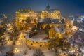 Budapest, Hungary - Aerial view of illuminated Buda Castle Royal Palace on a snowy evening Royalty Free Stock Photo
