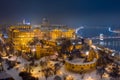 Budapest, Hungary - Aerial view of illuminated Buda Castle Royal Palace on a winter evening Szechenyi Chain Bridge Royalty Free Stock Photo