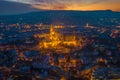 Budapest, Hungary - Aerial view of the illuminated Fisherman`s Bastion Halaszbastya and Matthias church Royalty Free Stock Photo